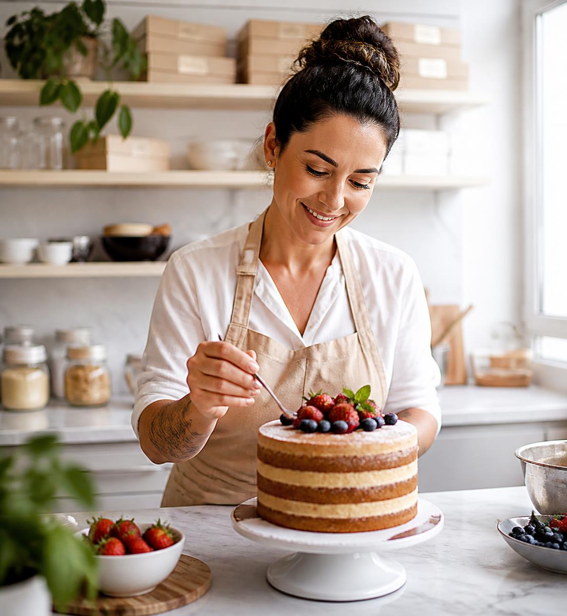 Confeiteira finalizando um bolo na sua cozinha